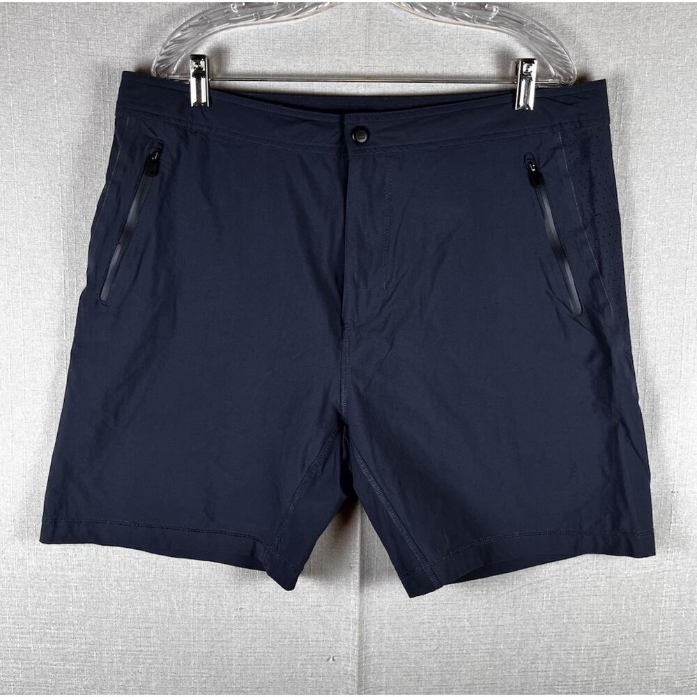 Mack Weldon 4-Way Stretch Shorts Mens XL Navy Athletic Perforated Zip Pockets